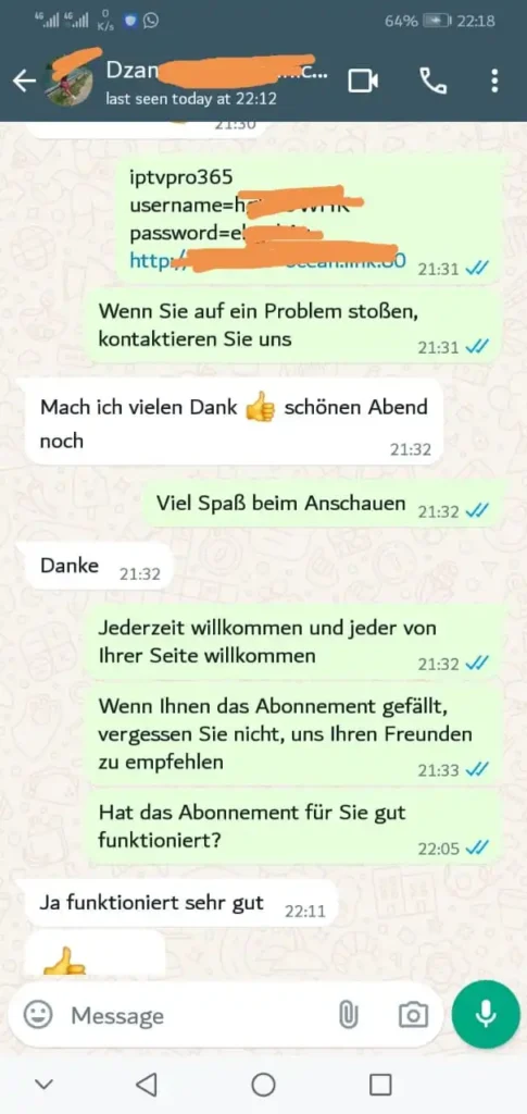 WhatsApp-Chat: Zugangsdaten geliefert und IPTV-Abo aktiviert