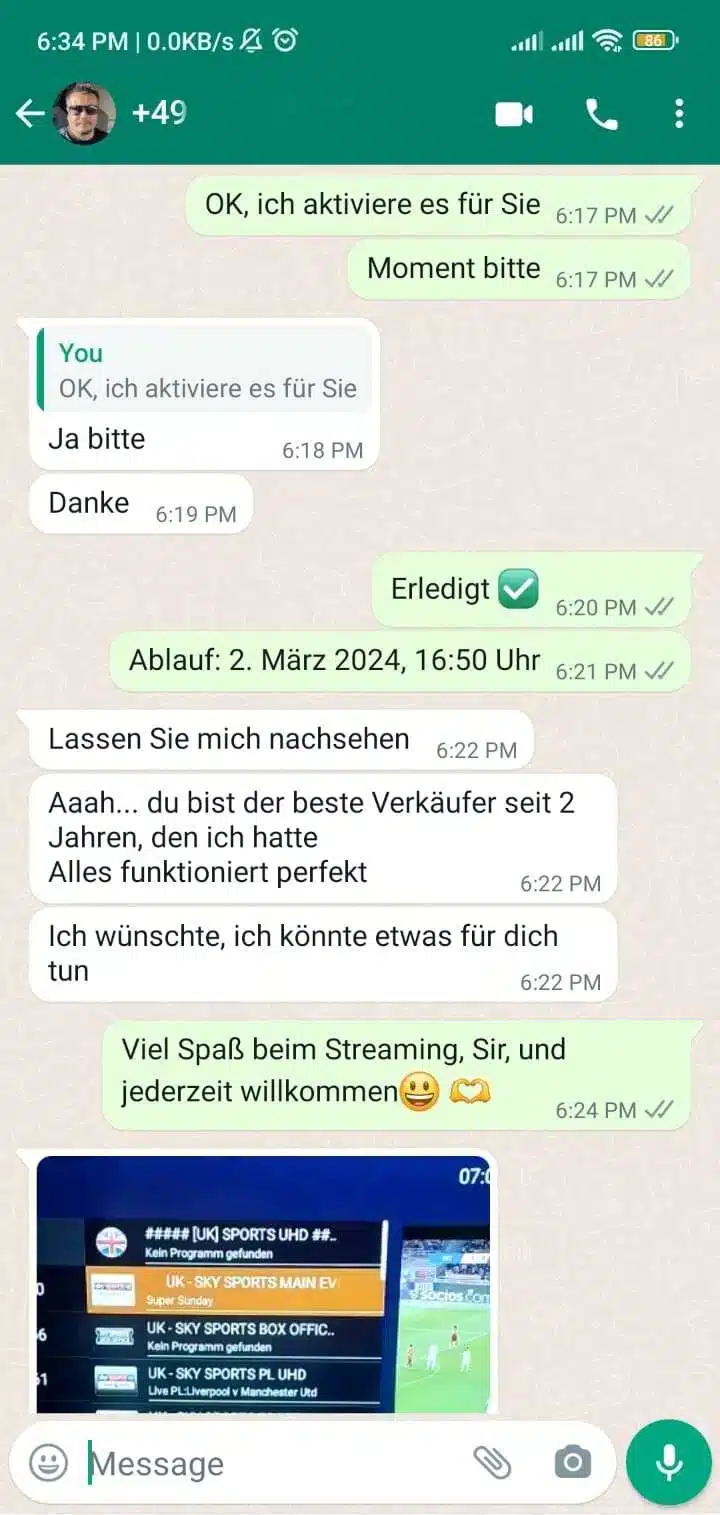 WhatsApp-Chat: IPTV-Zugang eingerichtet und Kunde zufrieden