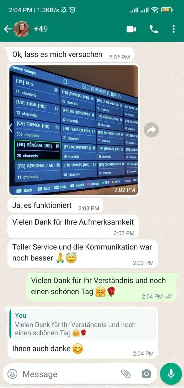 WhatsApp-Chat: Kunde bestätigt schnelle IPTV-Aktivierung